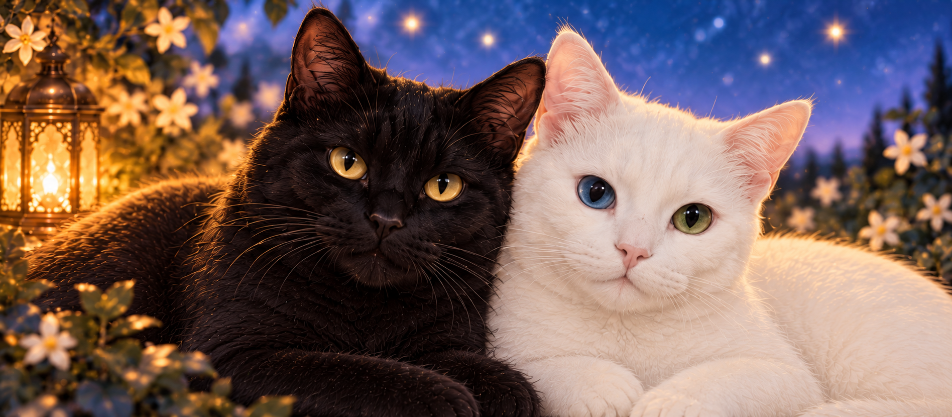 A starry illustration inspired by Cosmo and Dusty, with the two cats beside a glowing lamp